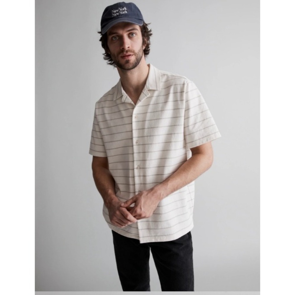 Madewell Camp Shirt Striped Short Sleeve Relaxed Preppy Casual Cream Tan Size M
